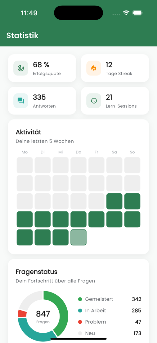 Statistiken mit Erfolgsquote, Aktivitäts-Heatmap und Fragenstatus